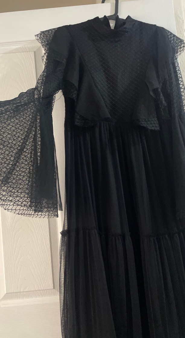 Uzun Siyah Gotik Fırfırlı Elbise - Görsel 3