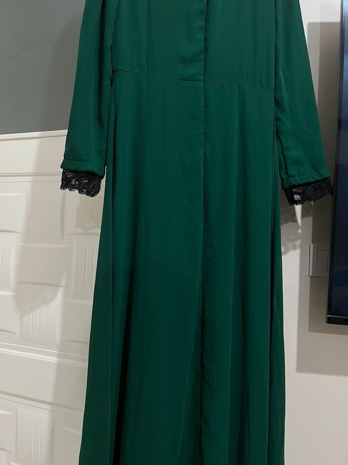 Yeşil Uzun Kollu Dökümlü Uzun Elbise - Görsel 2