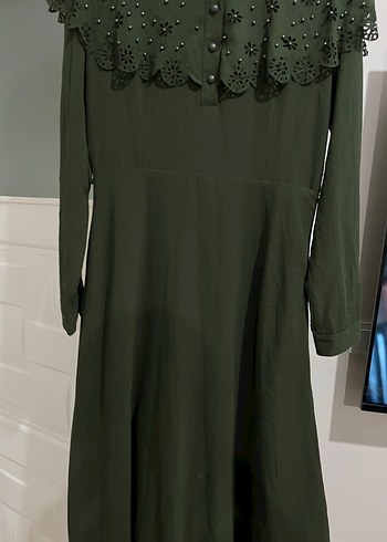 Yeşil Nakışlı Vintage Uzun Elbise - Görsel 4