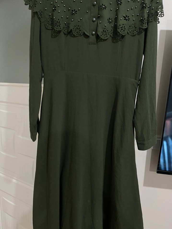 Yeşil Nakışlı Vintage Uzun Elbise - Görsel 4