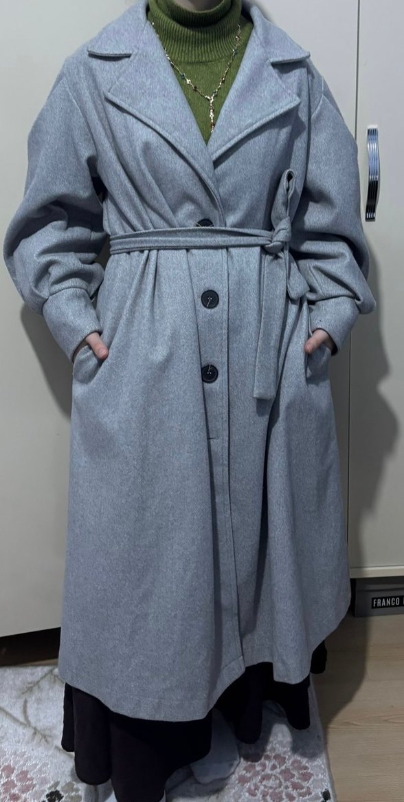 Gri Düğmeli Klasik uzun Kaban - Görsel 3