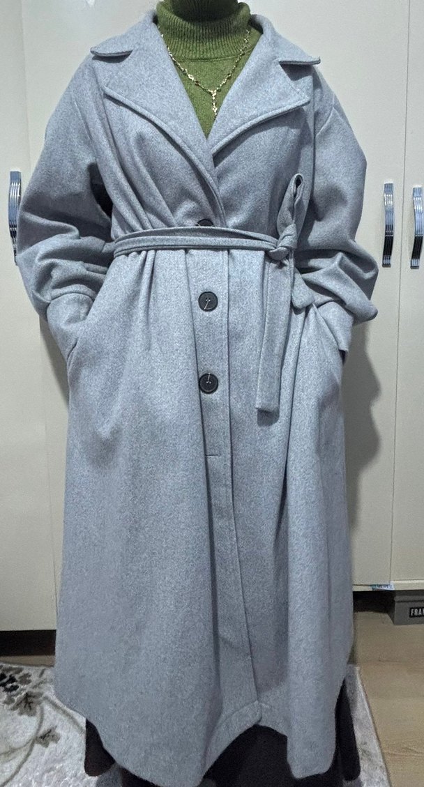 Gri Düğmeli Klasik uzun Kaban - Görsel 4