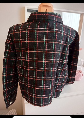 Düğmeli Çift Kapaklı Cepli Ekose Kadın Mini Ceket - Görsel 2