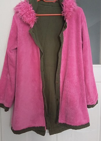 Düğmeli Pembe Kürklü Midi Kadın Ceket - Görsel 14