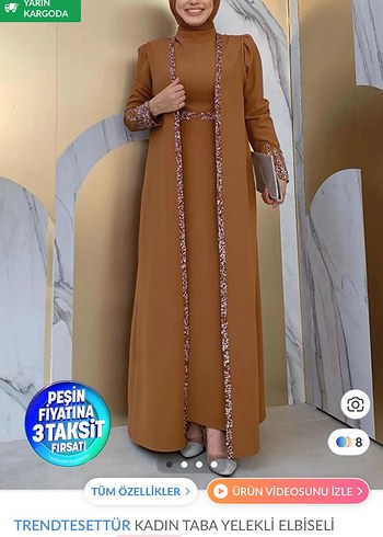 Bej Nakışlı Uzun Kadın Elbise - Görsel 4