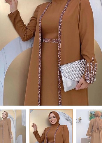 Bej Nakışlı Uzun Kadın Elbise - Görsel 2