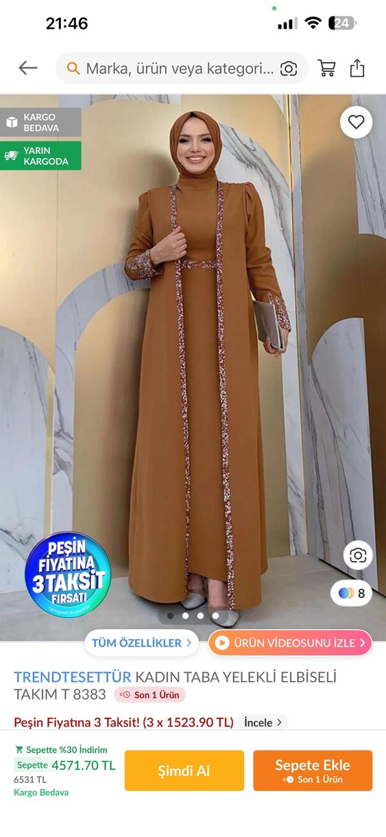 Bej Nakışlı Uzun Kadın Elbise - Görsel 4