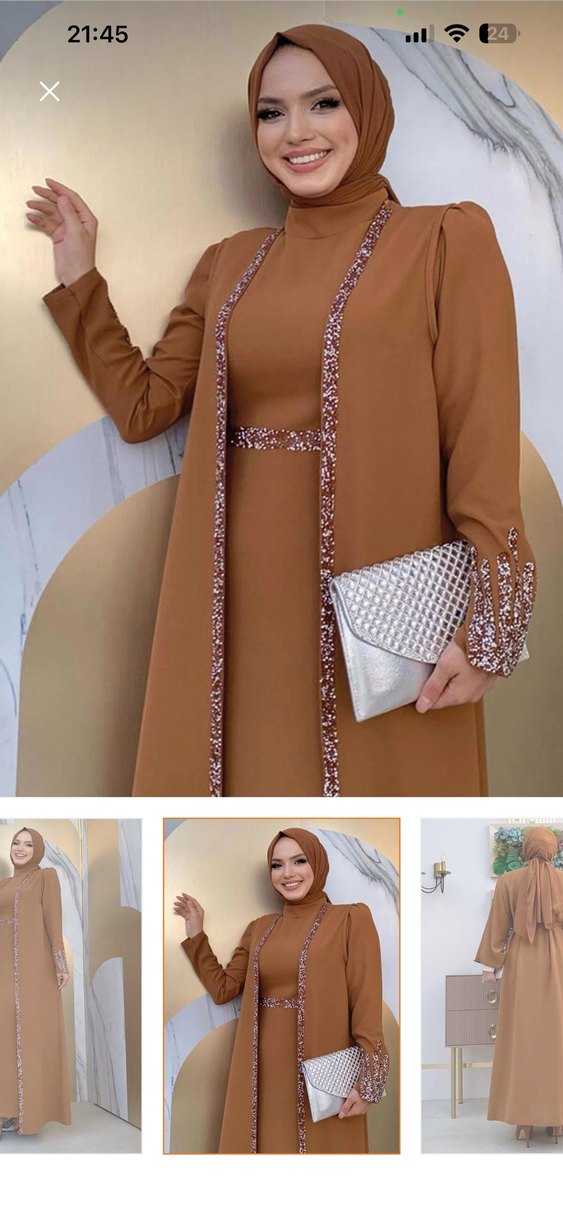 Bej Nakışlı Uzun Kadın Elbise - Görsel 2