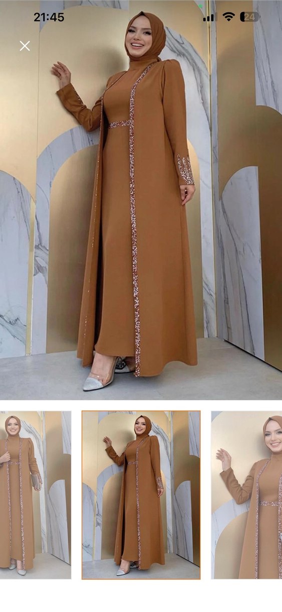 Bej Nakışlı Uzun Kadın Elbise - Görsel 3