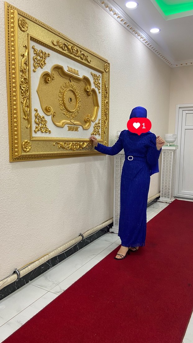 Uzun Kollu simli Lacivert Elbise - Görsel 2