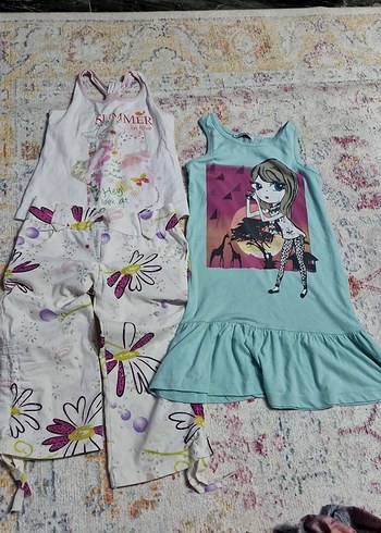 Kız Çocuk Çiçekl pantolon tişört i ve Baskılı elbise - Görsel 2