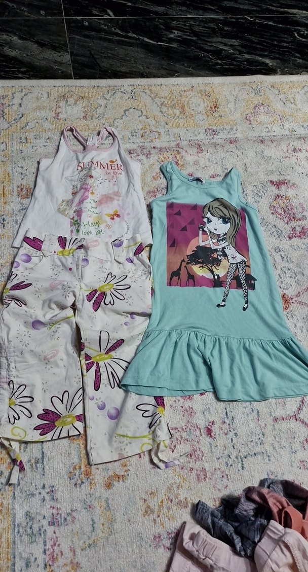 Kız Çocuk Çiçekl pantolon tişört i ve Baskılı elbise - Görsel 2