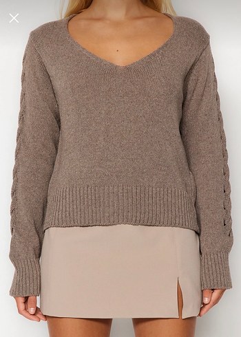 V Yaka Bej Kadın Triko Kazak - Görsel 3