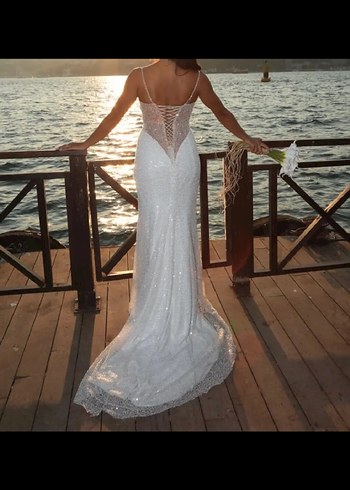 Dantel Detaylı Beyaz Uzun Bohem gelinlik özel tasarım bir ürün - Görsel 8