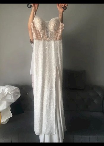 Dantel Detaylı Beyaz Uzun Bohem gelinlik özel tasarım bir ürün - Görsel 3