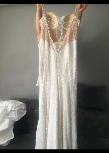 Dantel Detaylı Beyaz Uzun Bohem gelinlik özel tasarım bir ürün - Görsel 4