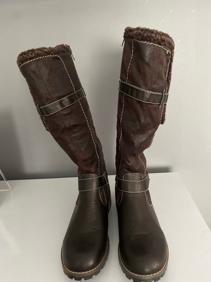 Kahverengi Deri Kadın Dizüstü Botlar - Görsel 4