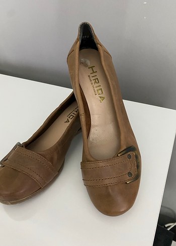Bej Deri Tokalı Dolgu Topuk Kadın Klasik Ayakkabı - Görsel 7