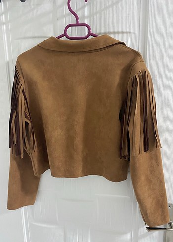 Kahverengi Süet Kadın Kısa Püsküllü Ceket - Görsel 3