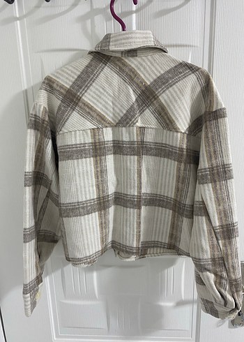 Bej Gri Ekose Düğmeli Kadın Gömlek - Görsel 3
