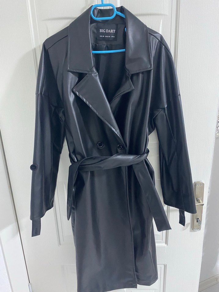 Kadın Siyah Deri Uzun Belden Kemerli Trenç - Görsel 3