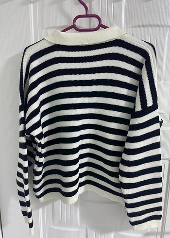 V Yaka Çizgili Örgü Kadın Kazak - Görsel 3