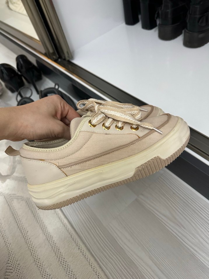 Bej Bağcıklı Kadın Sneakers - Görsel 3