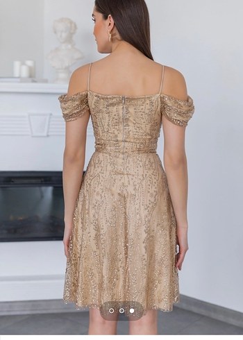 Bej Dantel Mini Abiye Elbise - Görsel 3