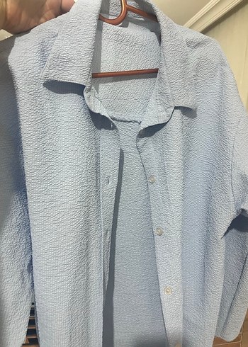 Düğmeli Mavi Keten Gömlek - Görsel 5