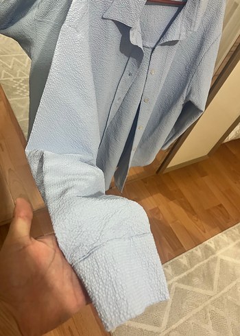 Düğmeli Mavi Keten Gömlek - Görsel 4