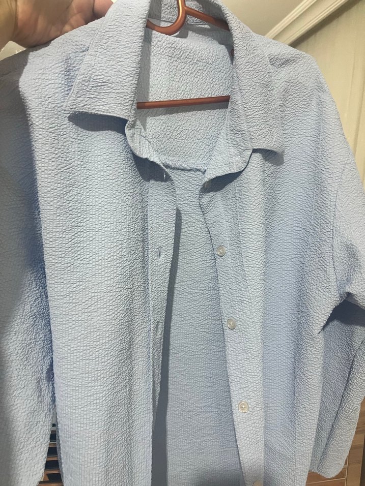 Düğmeli Mavi Keten Gömlek - Görsel 5