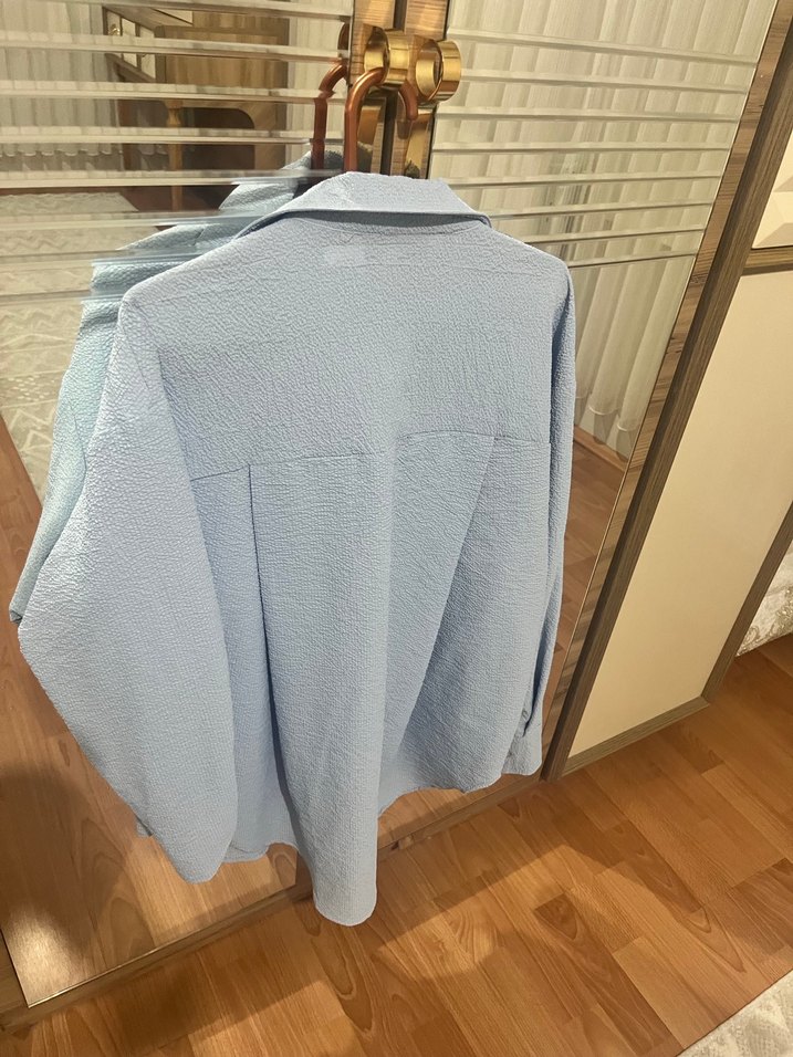 Düğmeli Mavi Keten Gömlek - Görsel 2