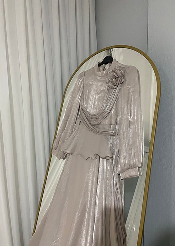 Bej Drapeli Uzun Kadın Abiye Elbise - Görsel 2