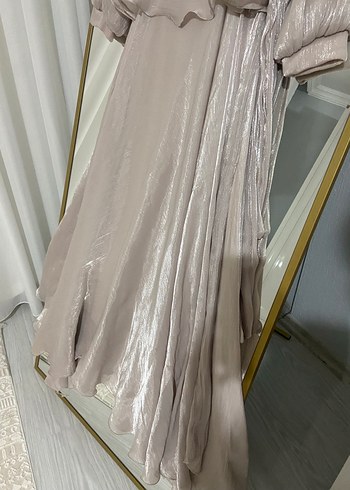 Bej Drapeli Uzun Kadın Abiye Elbise - Görsel 5