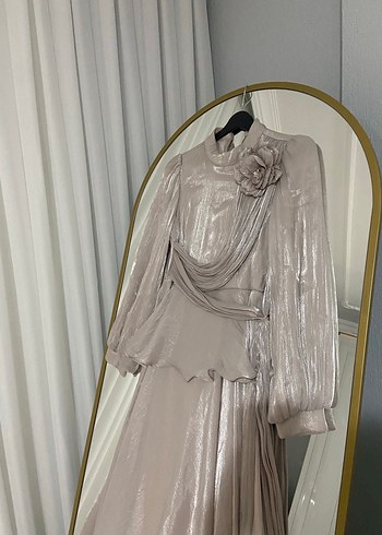 Bej Drapeli Uzun Kadın Abiye Elbise - Görsel 4