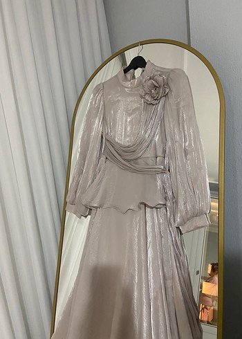 Bej Drapeli Uzun Kadın Abiye Elbise - Görsel 3