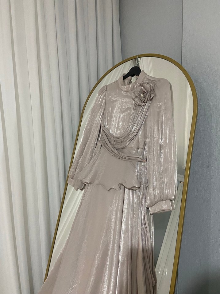 Bej Drapeli Uzun Kadın Abiye Elbise - Görsel 2