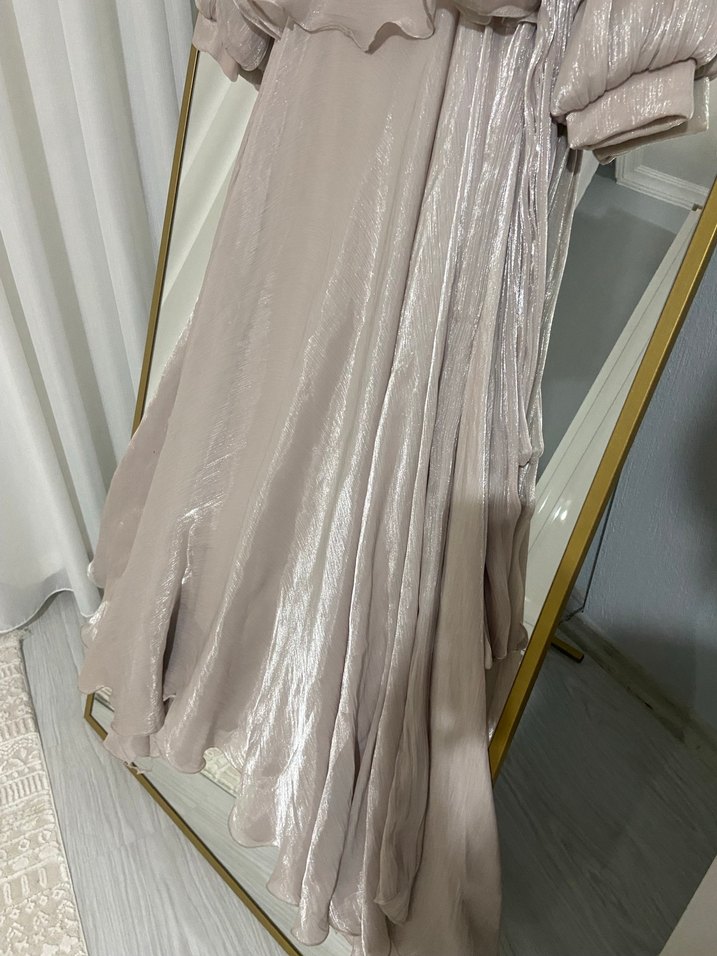 Bej Drapeli Uzun Kadın Abiye Elbise - Görsel 5