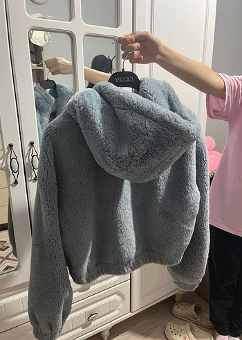 Gri Peluş Kapüşonlu Bebek Mont - Görsel 2