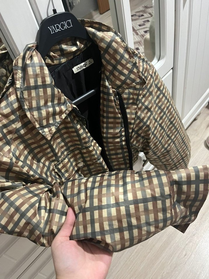 Kahverengi Kareli Kemerli Kısa Kadın Ceket - Görsel 2