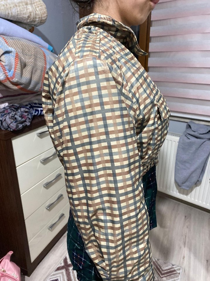 Kahverengi Kareli Kemerli Kısa Kadın Ceket - Görsel 4