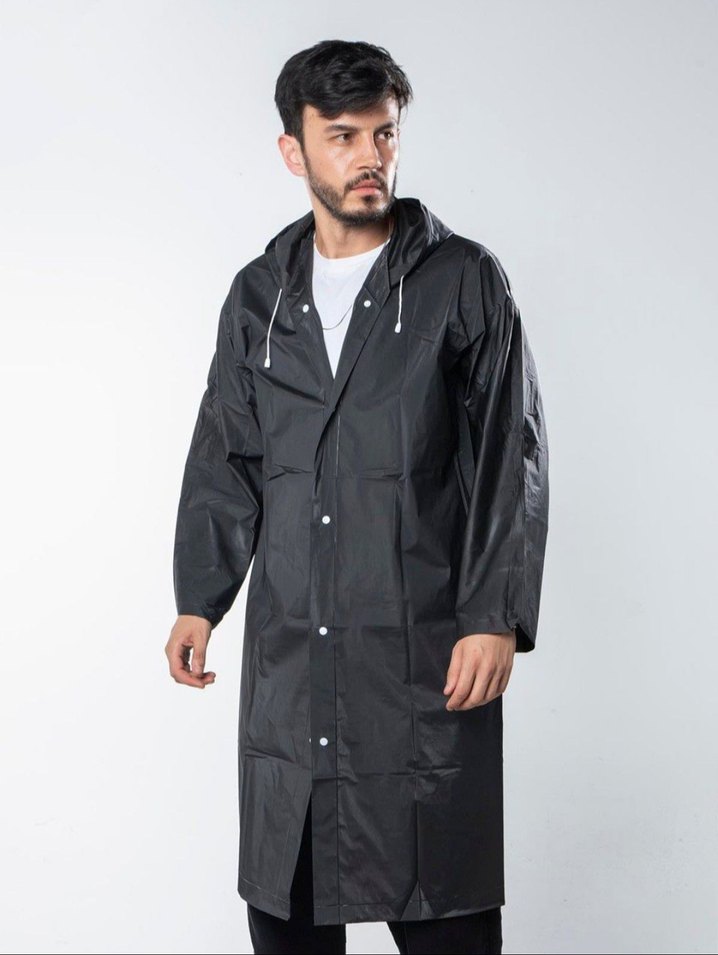 Kapşonlu Çıtçıtlı Eva Siyah Yağmurluk - Görsel 2