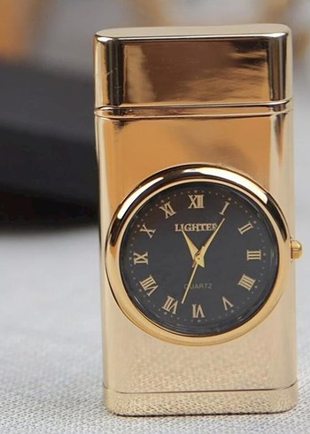 Altın Saatli Işıklı Metal Turbo Gazlı Çakmak - Görsel 2