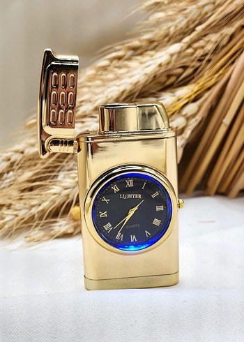 Gold Altın Desenli Saatli Işıklı Metal Gazlı Turbo Çakmak - Görsel 2