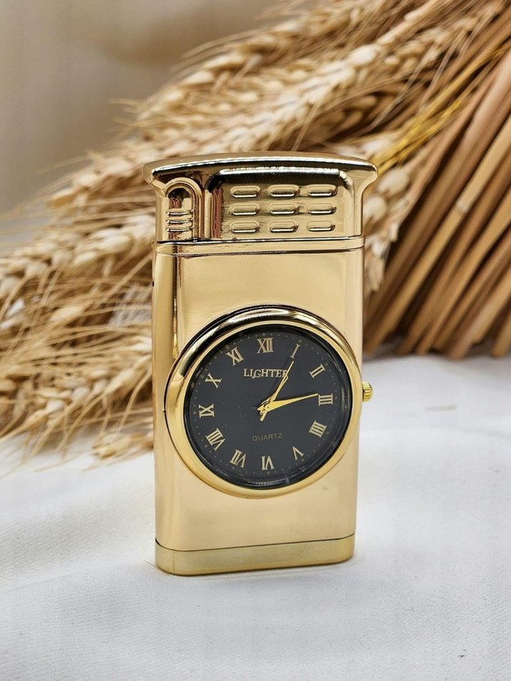 Gold Altın Desenli Saatli Işıklı Metal Gazlı Turbo Çakmak - Görsel 3