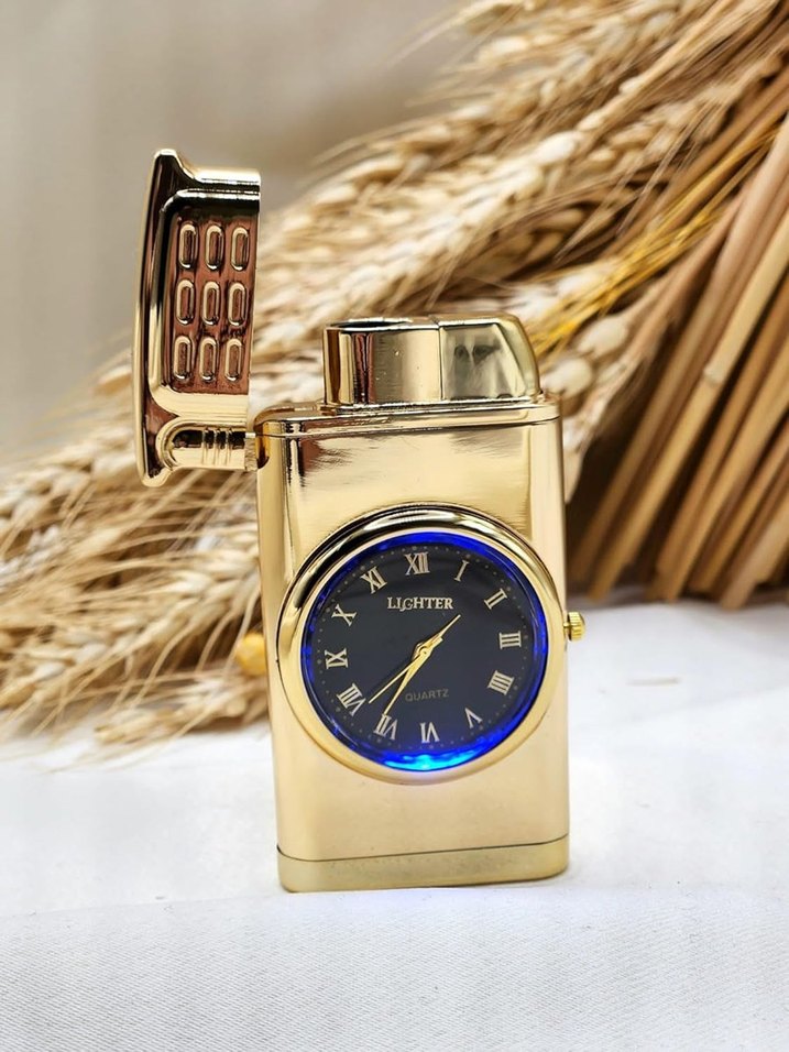 Gold Altın Desenli Saatli Işıklı Metal Gazlı Turbo Çakmak - Görsel 2