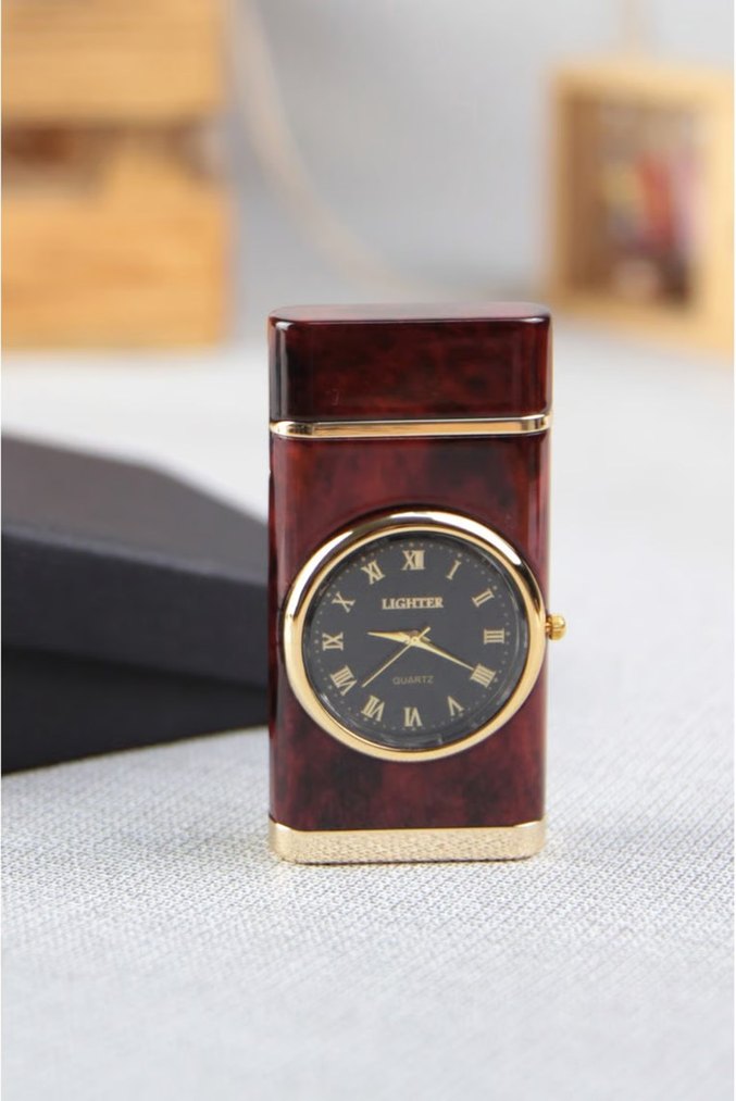 Bordo Saatli Işıklı Metal Turbo Gazlı Çakmak - Görsel 3