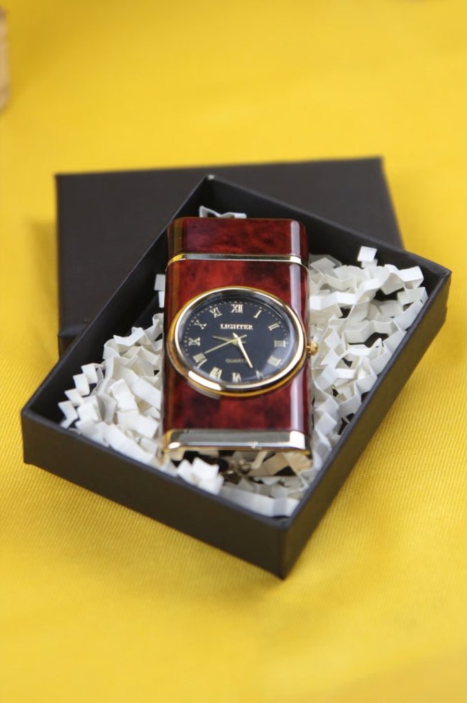 Bordo Saatli Işıklı Metal Turbo Gazlı Çakmak - Görsel 2