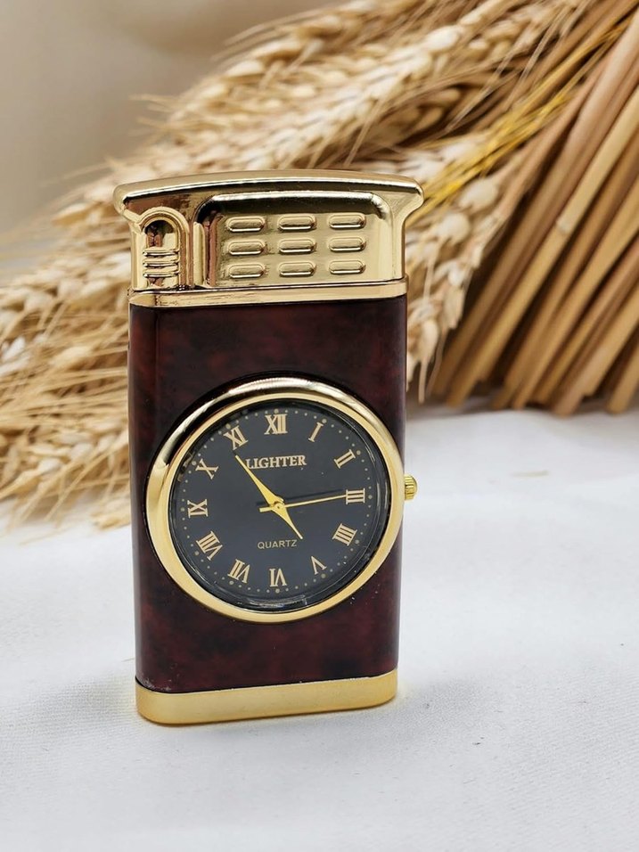 Bordo Desenli Saatli Işıklı Metal Turbo Gazlı Çakmak - Görsel 3