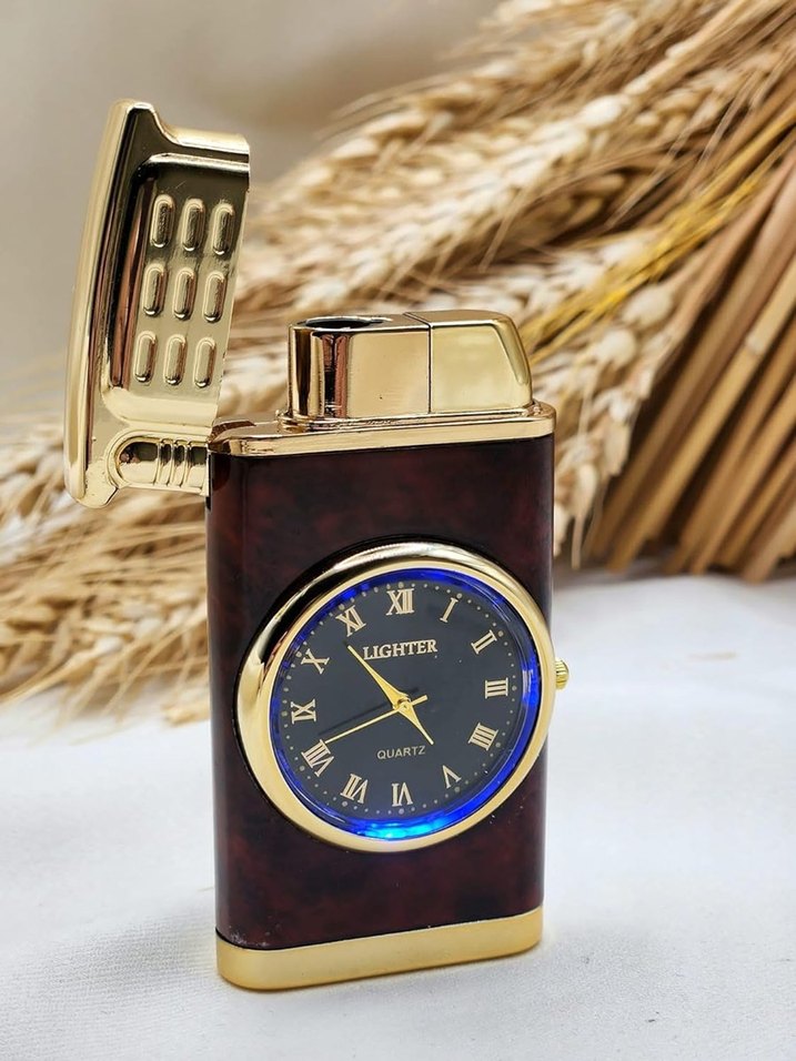 Bordo Desenli Saatli Işıklı Metal Turbo Gazlı Çakmak - Görsel 2